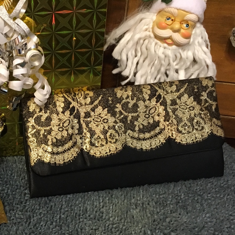 Black Satin and Gold Lace Clutch
